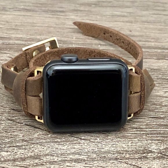 Double Wrap iWatch Vintage Brown Leather Gold Band - Picture 8 of 9